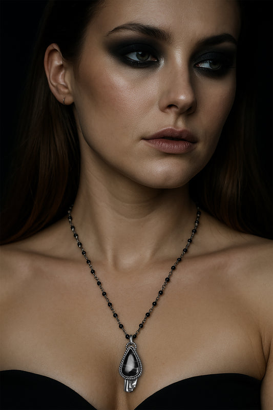 EKRJ1037 "Tear of the Night" Black Onyx One-of-a-kind Handmade Silver Necklace