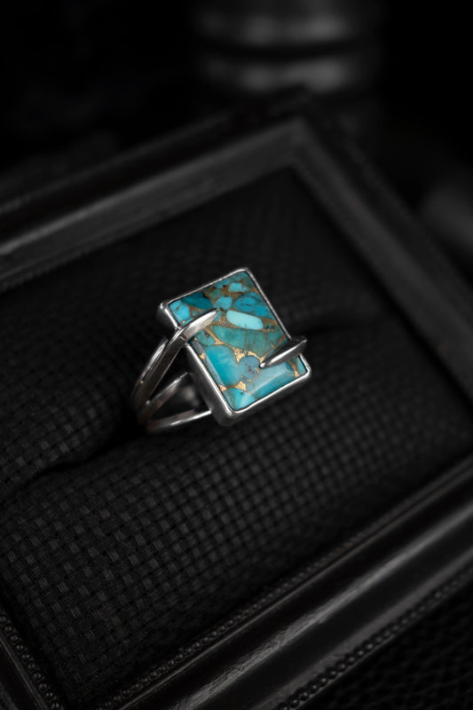 EKRJ1041 Blue Copper Turquoise Handmade Silver Ring – Rectangular Statement Jewelry