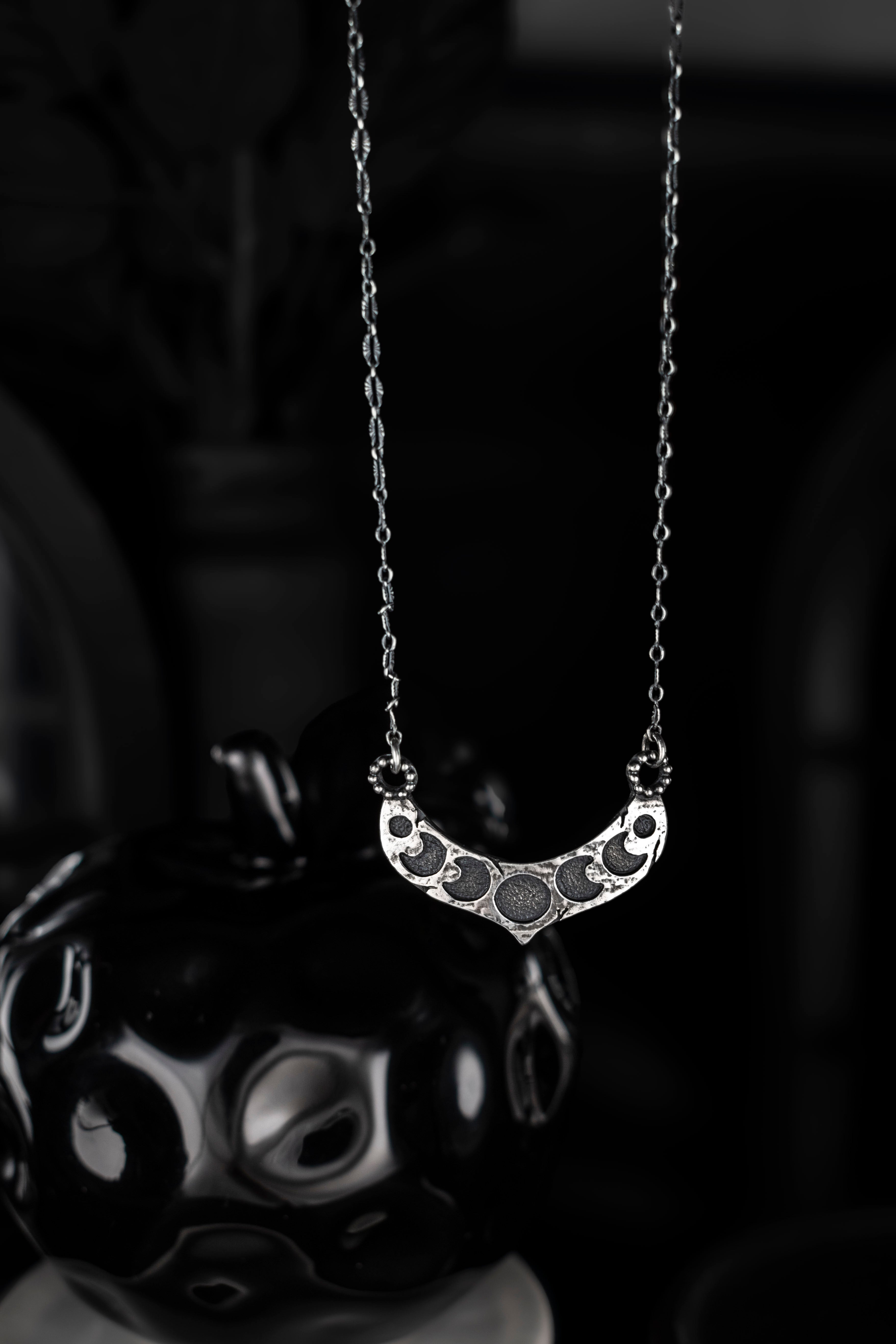 EKRJ1074 Handmade Sterling Silver Moon Phases Necklace | Textured Cres
