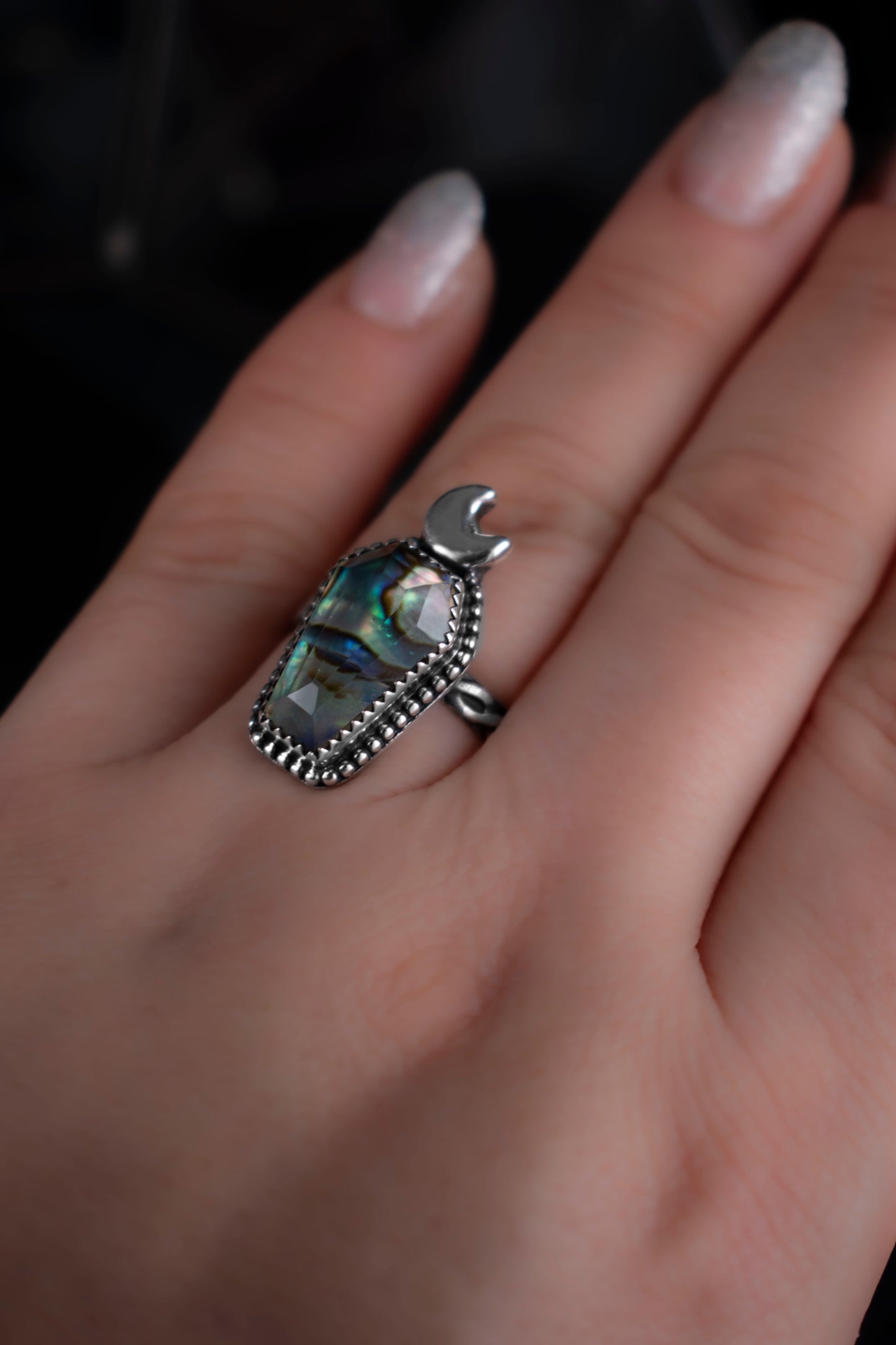 EKRJ1114 Abalone Shell Crystal Doublet Coffin Sterling Silver Ring
