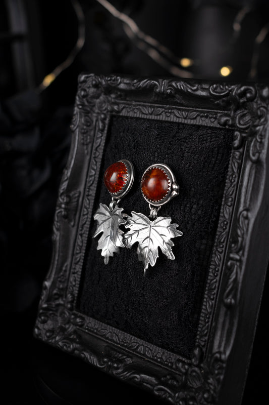 EKRJ1119 Amber Stud Earrings with Maple Leaf Sterling Silver Drop