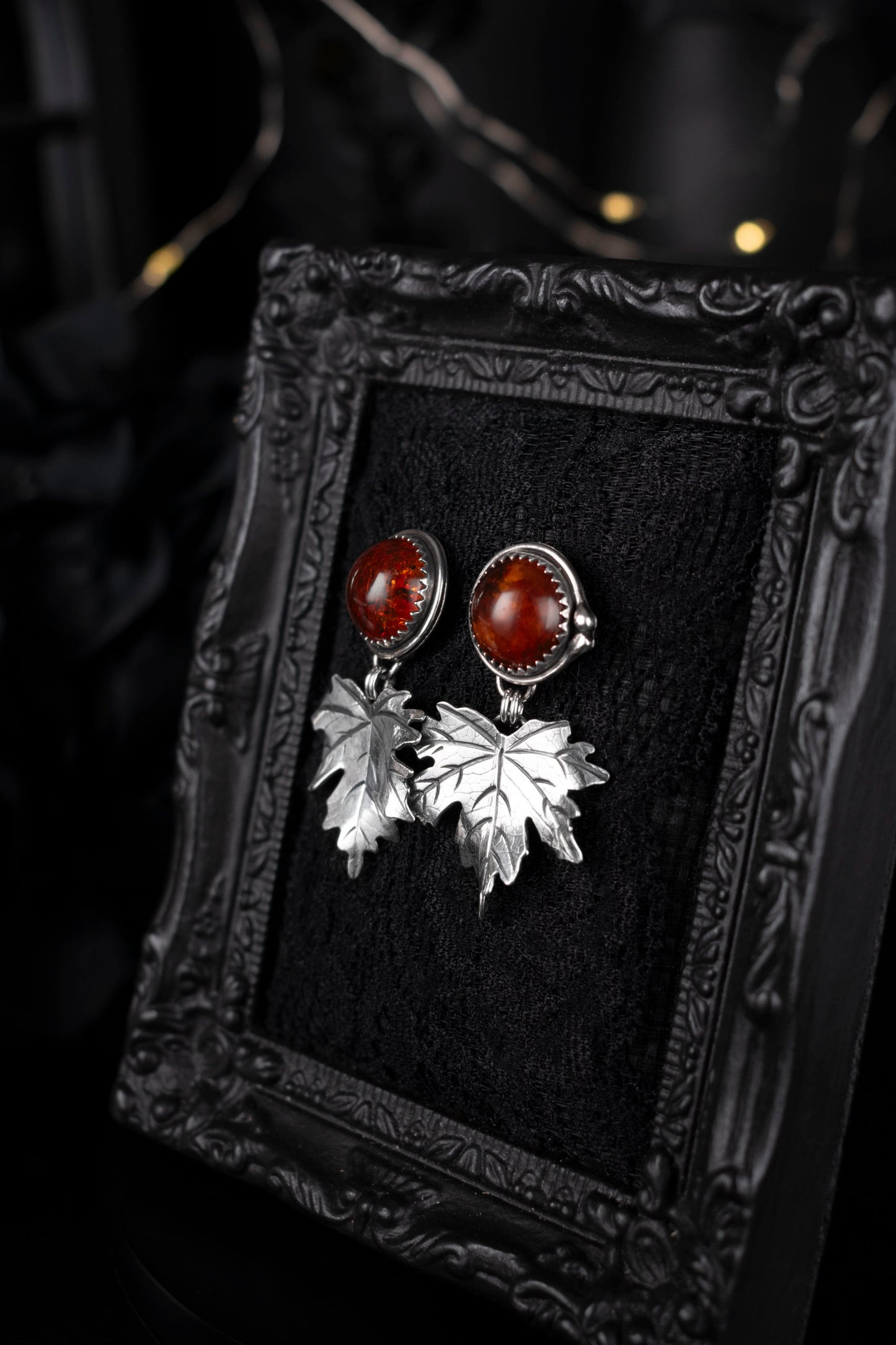 EKRJ1119 Amber Stud Earrings with Maple Leaf Sterling Silver Drop