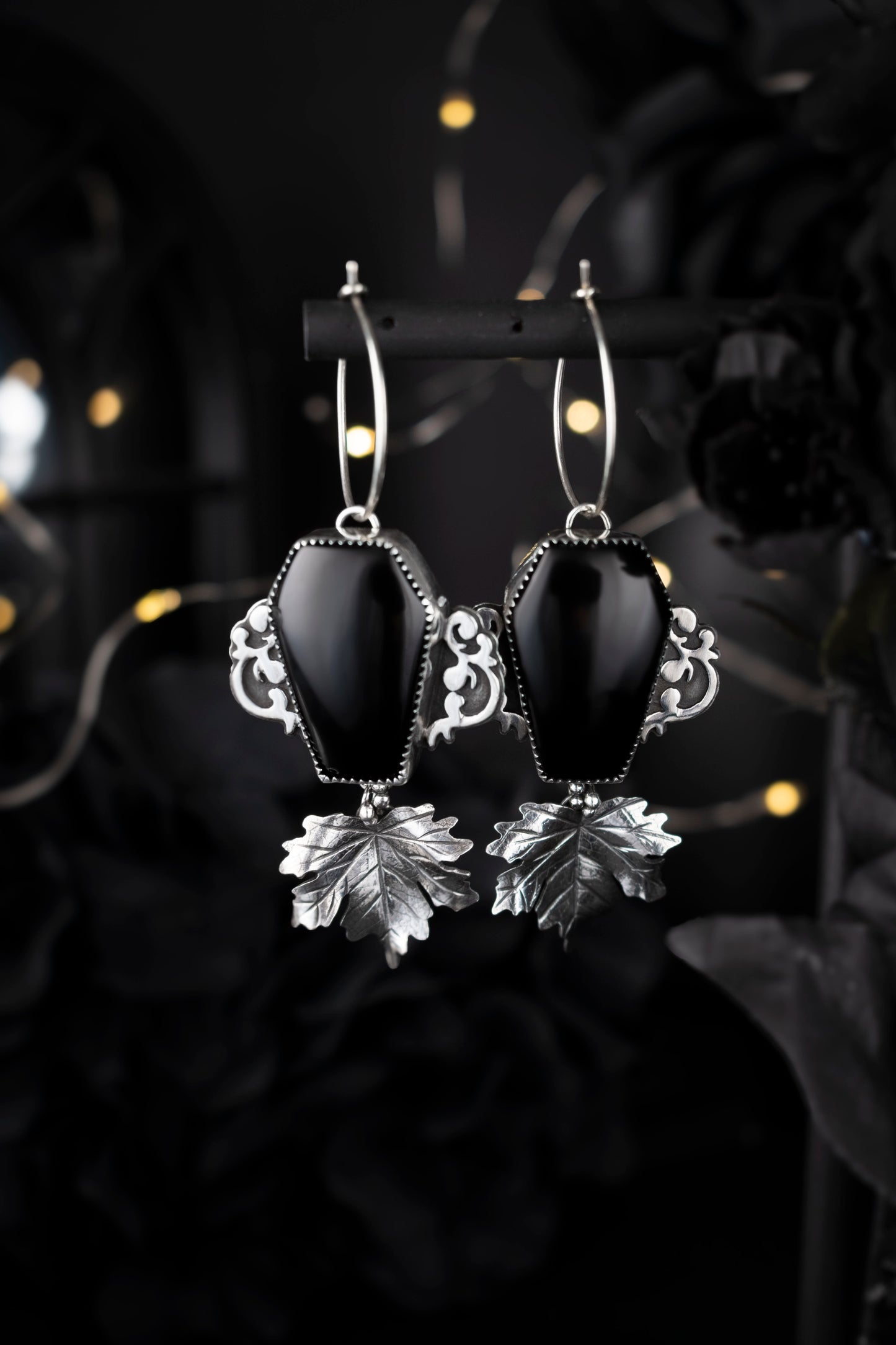 EKRJ1120 Black Onyx Coffin Drop Sterling Silver Earrings with Maple Leaf
