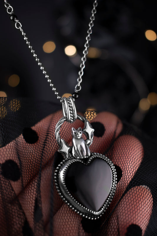 EKRJ1132 "The Midnight Familiar" — One-of-a-Kind Sterling Silver & Black Onyx Cat Necklace