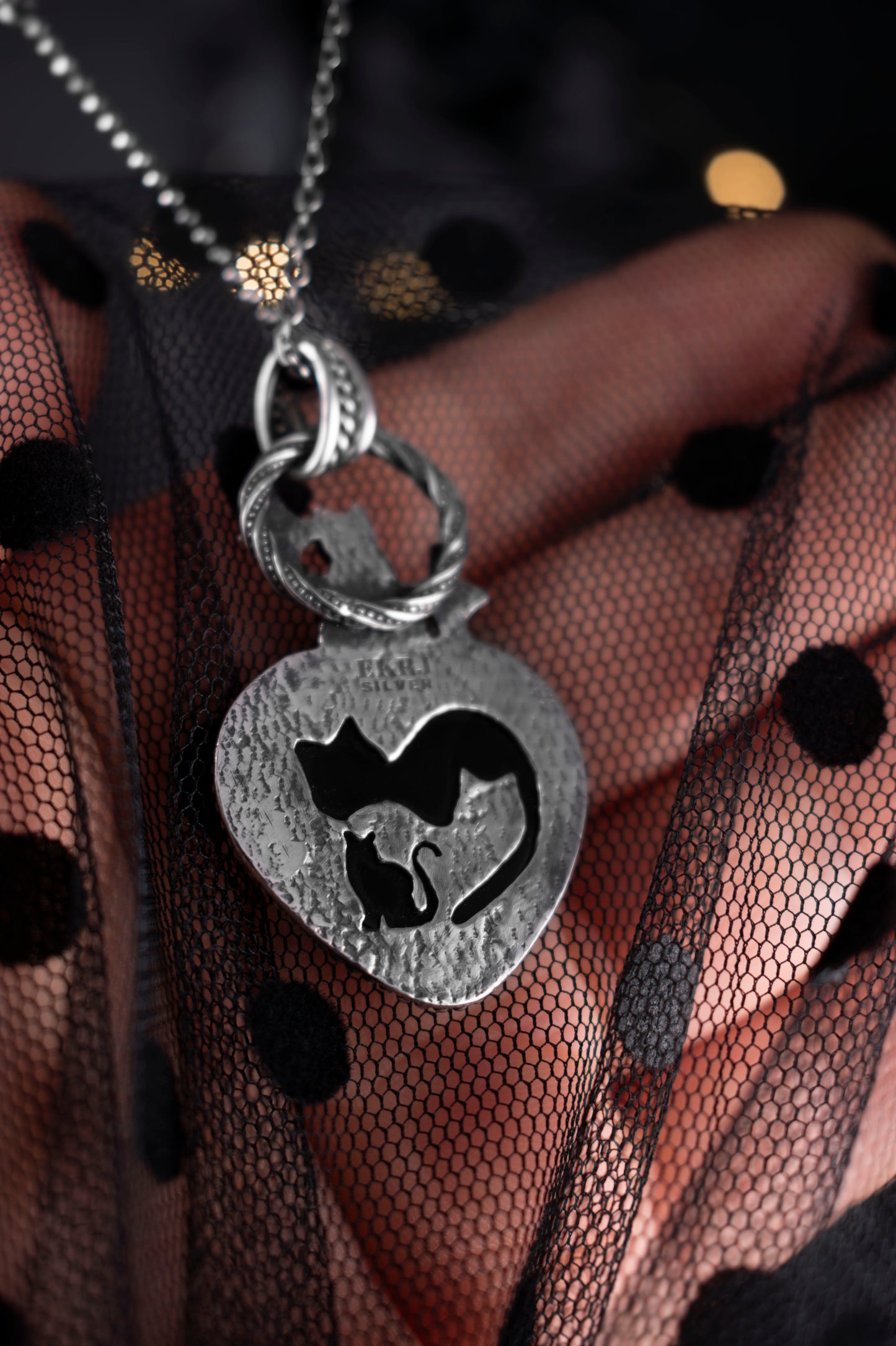 EKRJ1132 "The Midnight Familiar" — One-of-a-Kind Sterling Silver & Black Onyx Cat Necklace