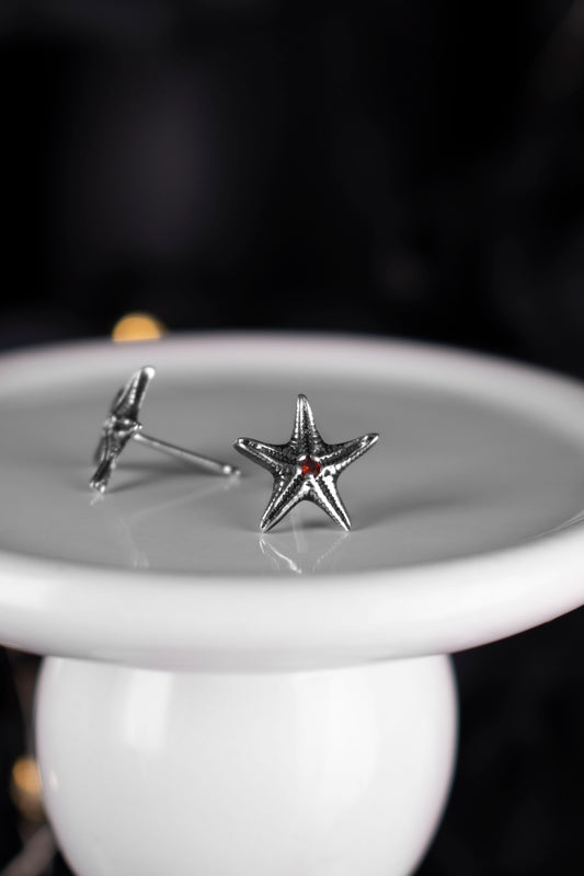 EKRJ1133 Handmade Sterling Silver Starfish Stud Earrings with Red Garnet Cubic Zirconia
