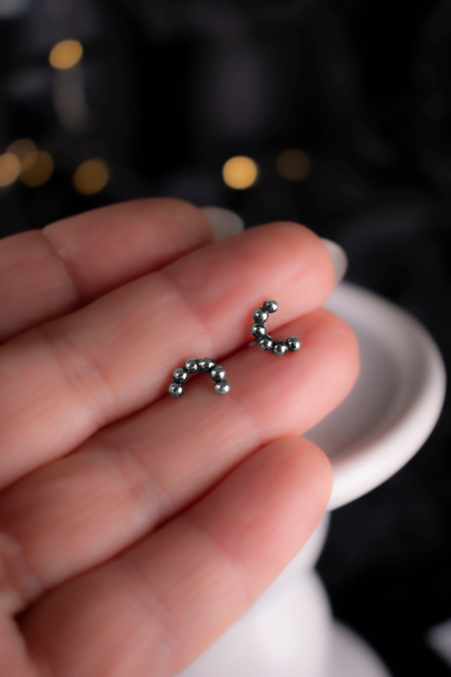 EKRJ1142 Silver Beaded Arch Studs, Handmade Dainty Dotted Earrings