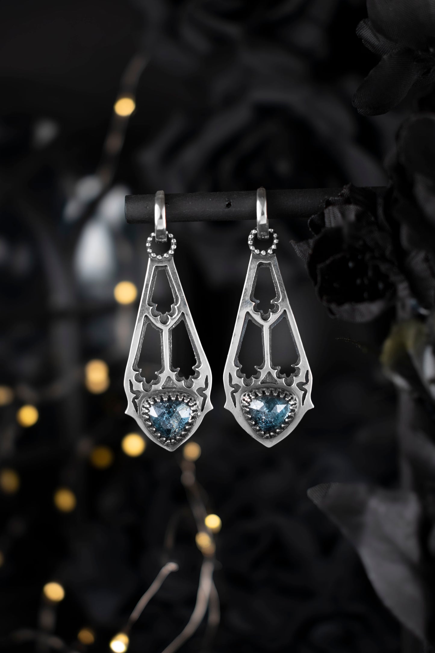 EKRJ1146 Teal Moss Kyanite Gothic Silver Earrings