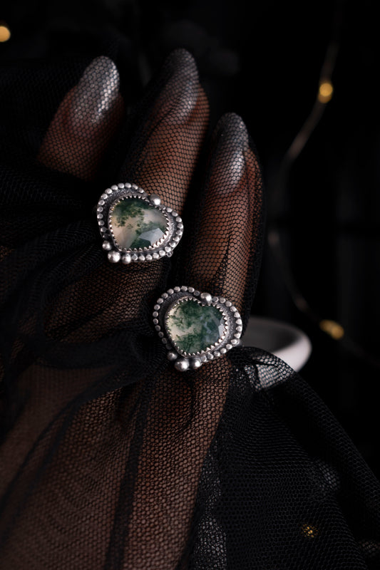 EKRJ1162 Heart-Cut Moss Agate Ring - Enchanted Forest Sterling Silver Jewelry