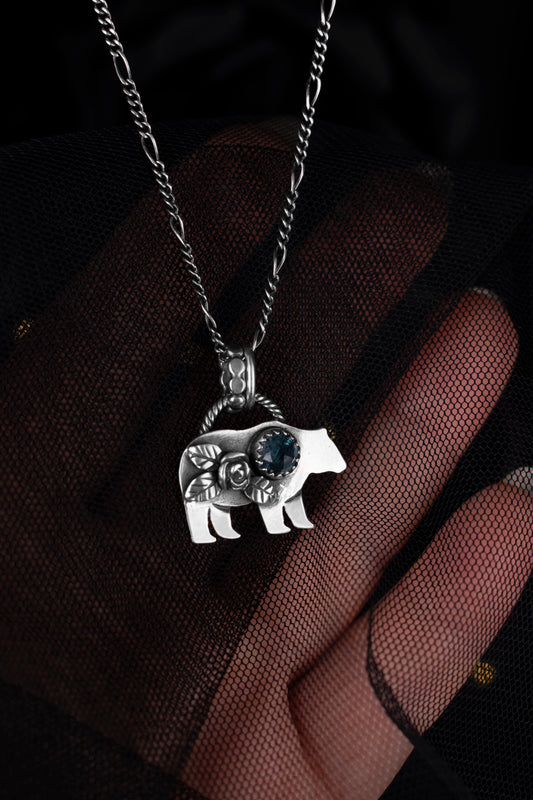 EKRJ1163 Mama Bear Necklace with Teal Moss Kyanite Sterling Silver Handmade Bear Pendant Natural Gemstone Jewellery