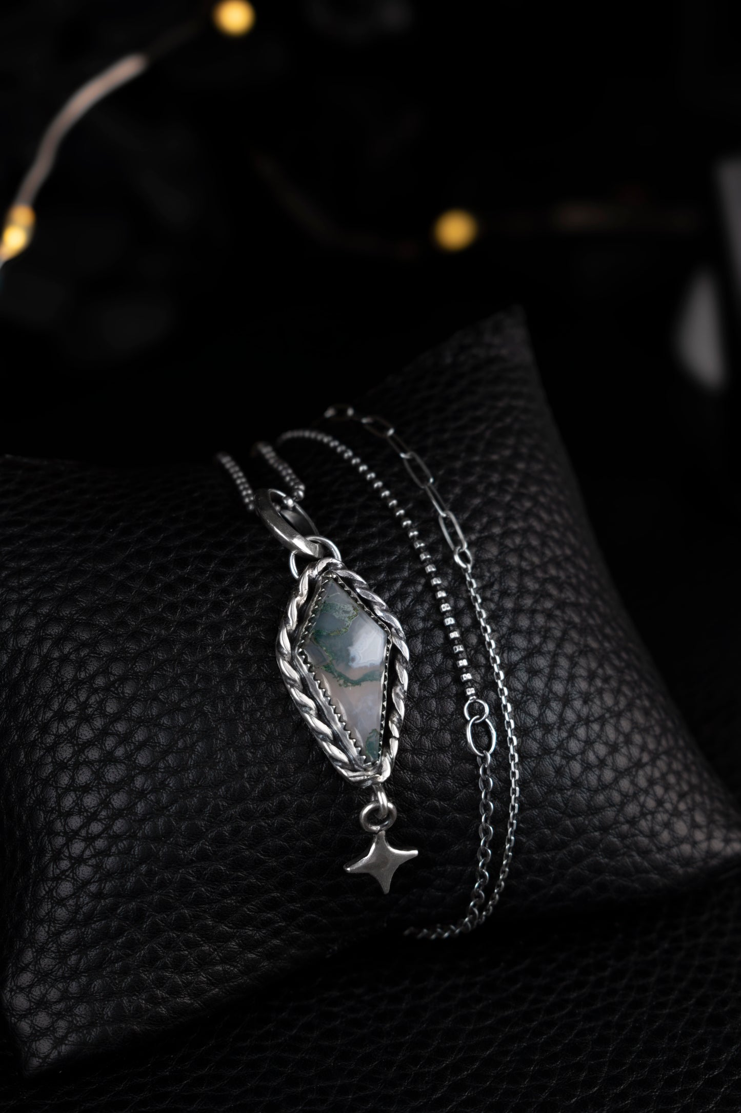 EKRJ1177 Moss Agate Silver Pendant Necklace Handmade Witchy Jewellery