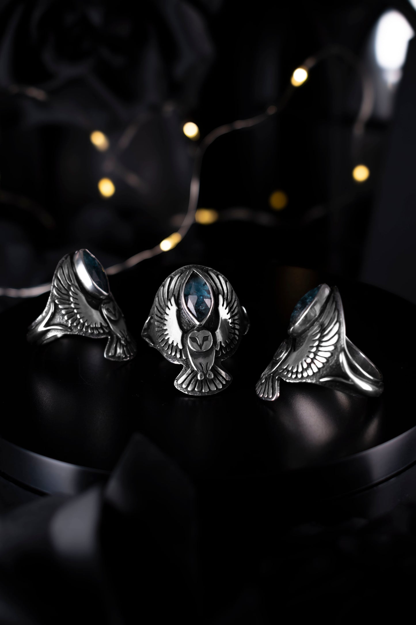 EKRJ1182 EKRJ Handmade Sterling Silver Barn Owl Ring with Teal Moss Kyanite