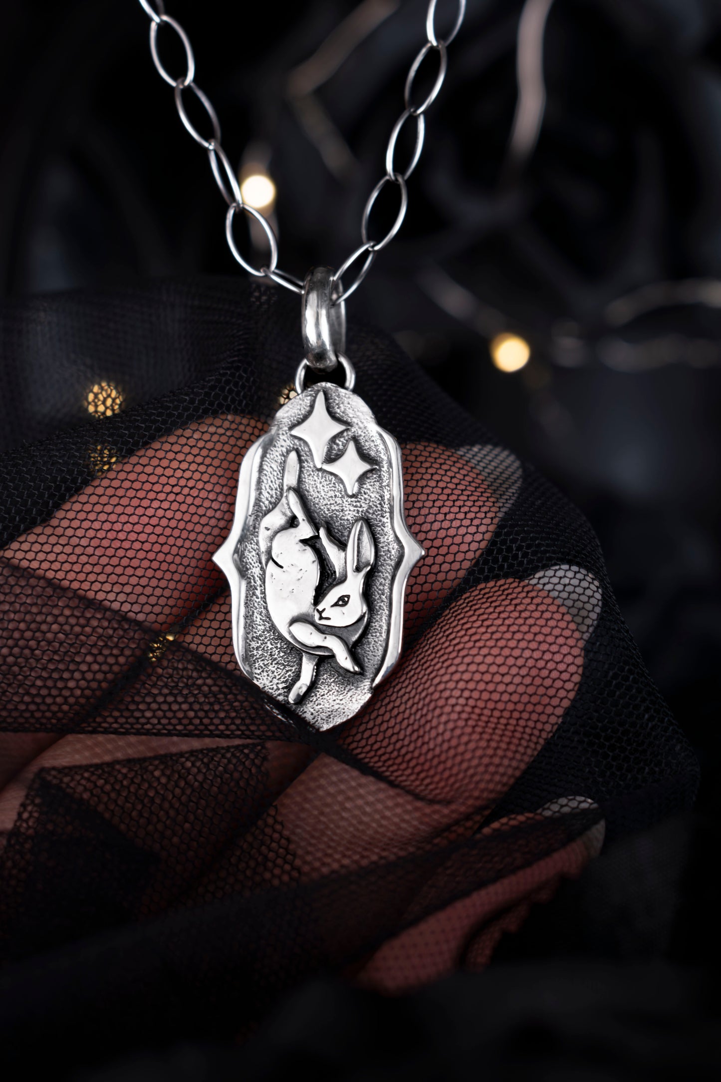 EKRJ1190 Handmade Sterling Silver Rabbit & Stars Charm Necklace