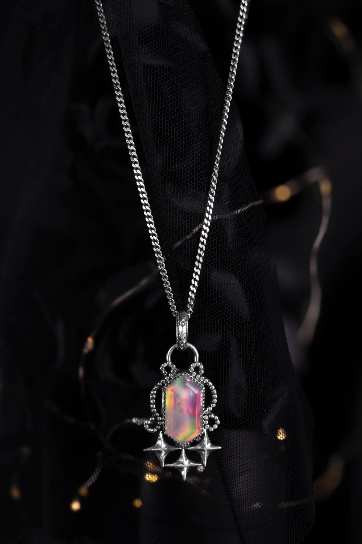 EKRJ1226 Handmade Sterling Silver Celestial Star & Aurora Opal Statement Pendant Necklace