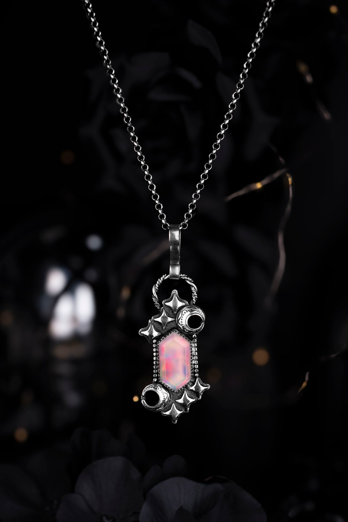 EKRJ1227 A Piece of the Cosmic Sky: Aurora Opal & Silver Crescent Pendant