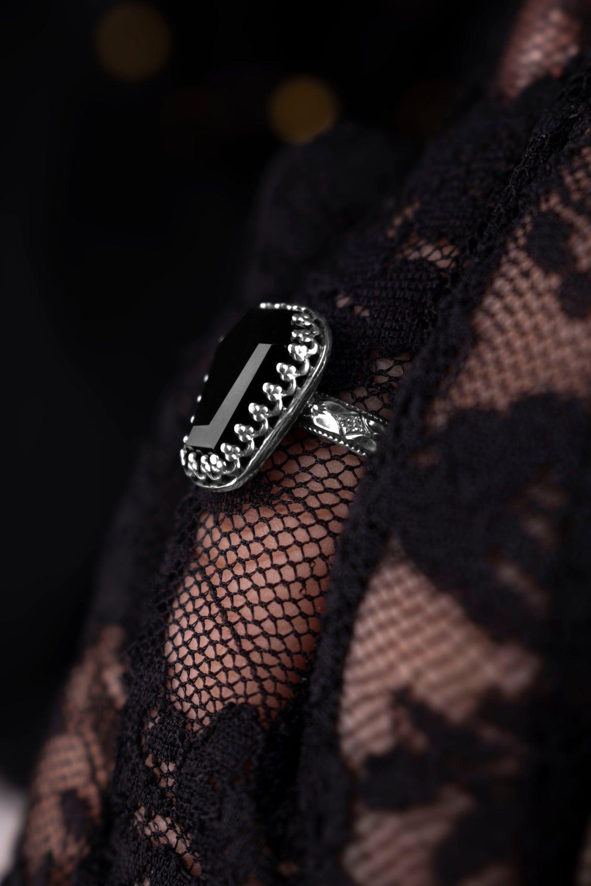 EKRJ1230 Handmade Victorian Gothic Coffin Black Onyx Ring in Sterling Silver