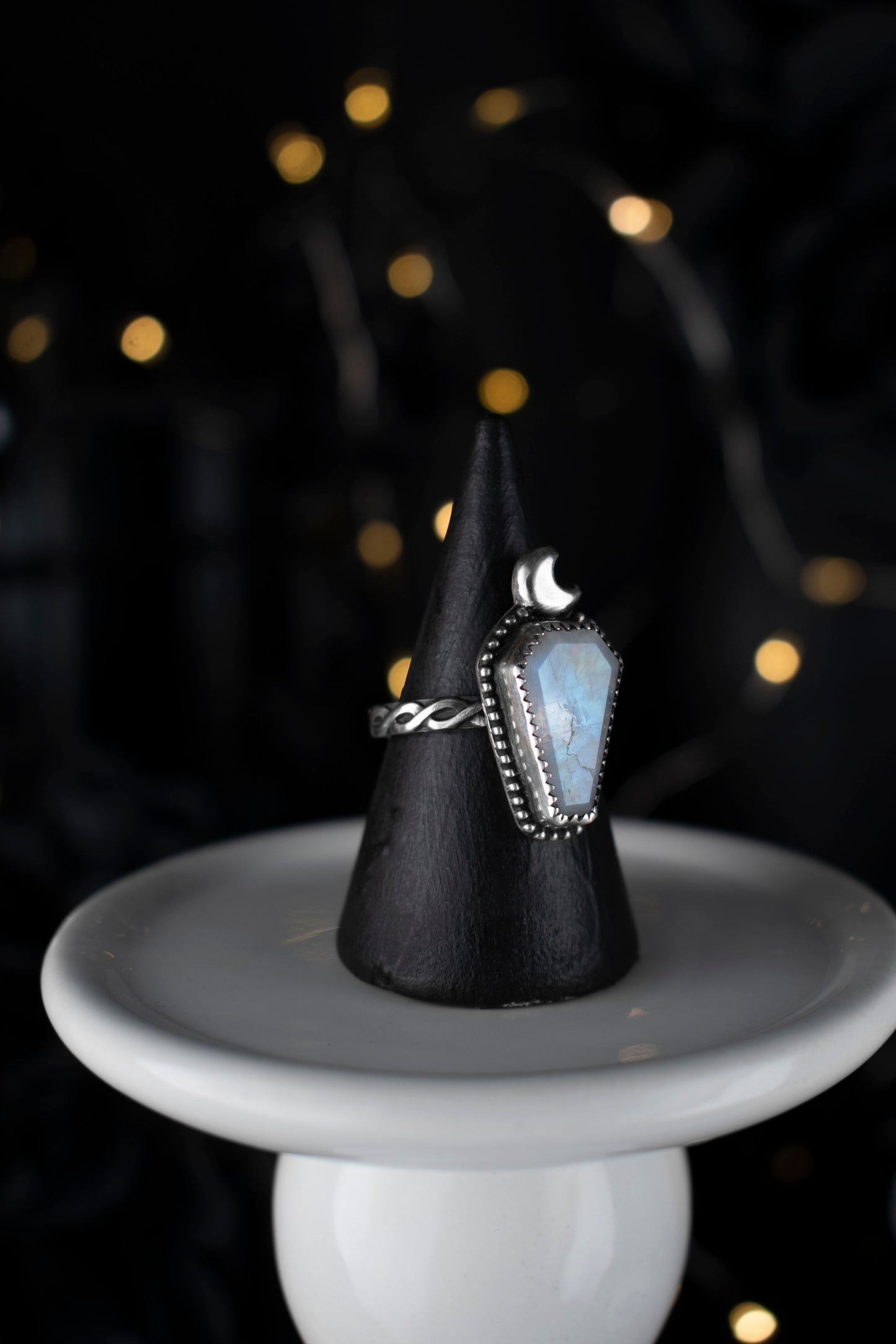 EKRJ1100 Handmade Moonstone Coffin Ring with Crescent Moon