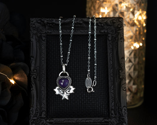 EKRJ750 Rose Cut Heart Shape Natural Amethyst One-of-a-kind Silver Necklace