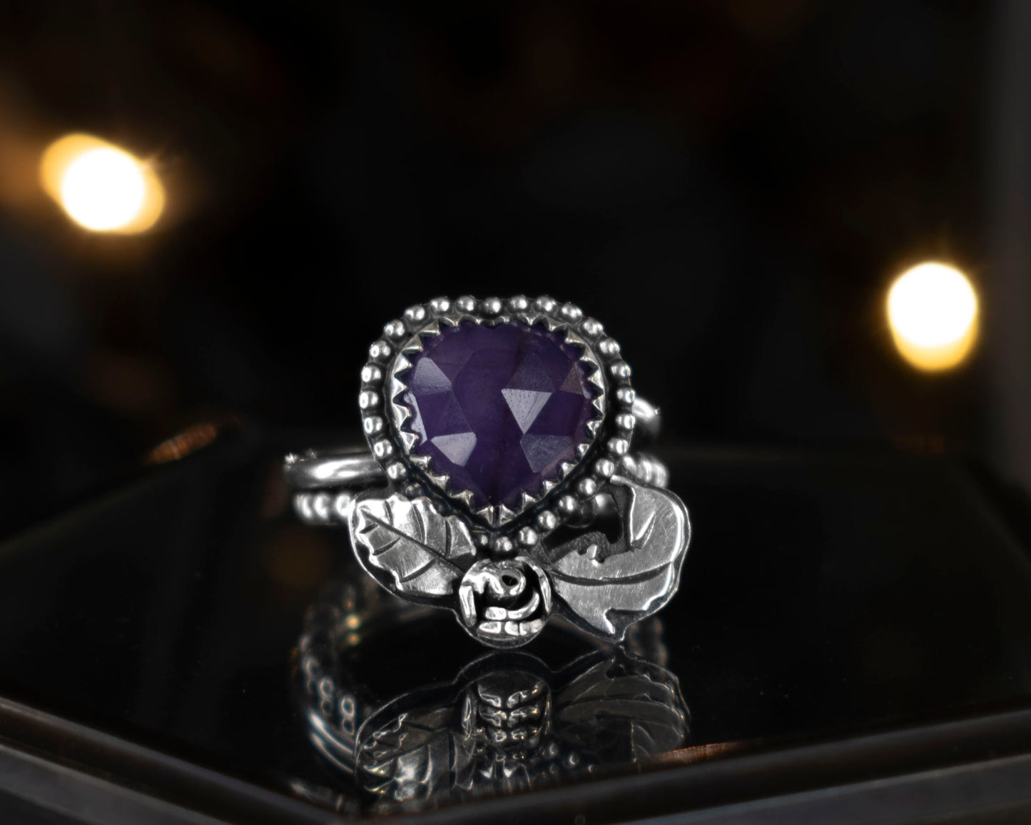 EKRJ755 Size5~8_Rose Cut Heart Shape Natural Amethyst One-of-a-kind Silver Ring