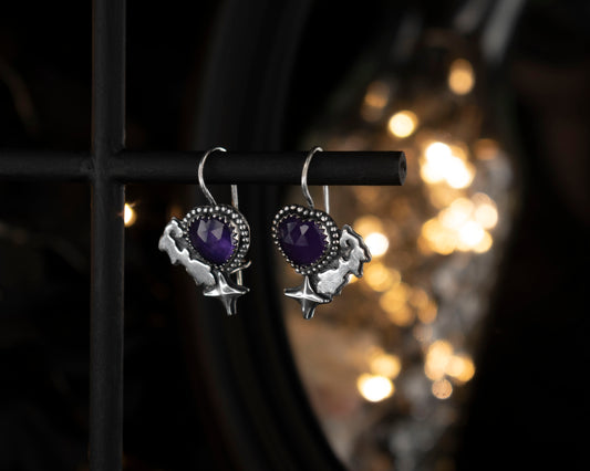 EKRJ757_Rose Cut Heart Shape Natural Amethyst One-of-a-kind Silver Earrings
