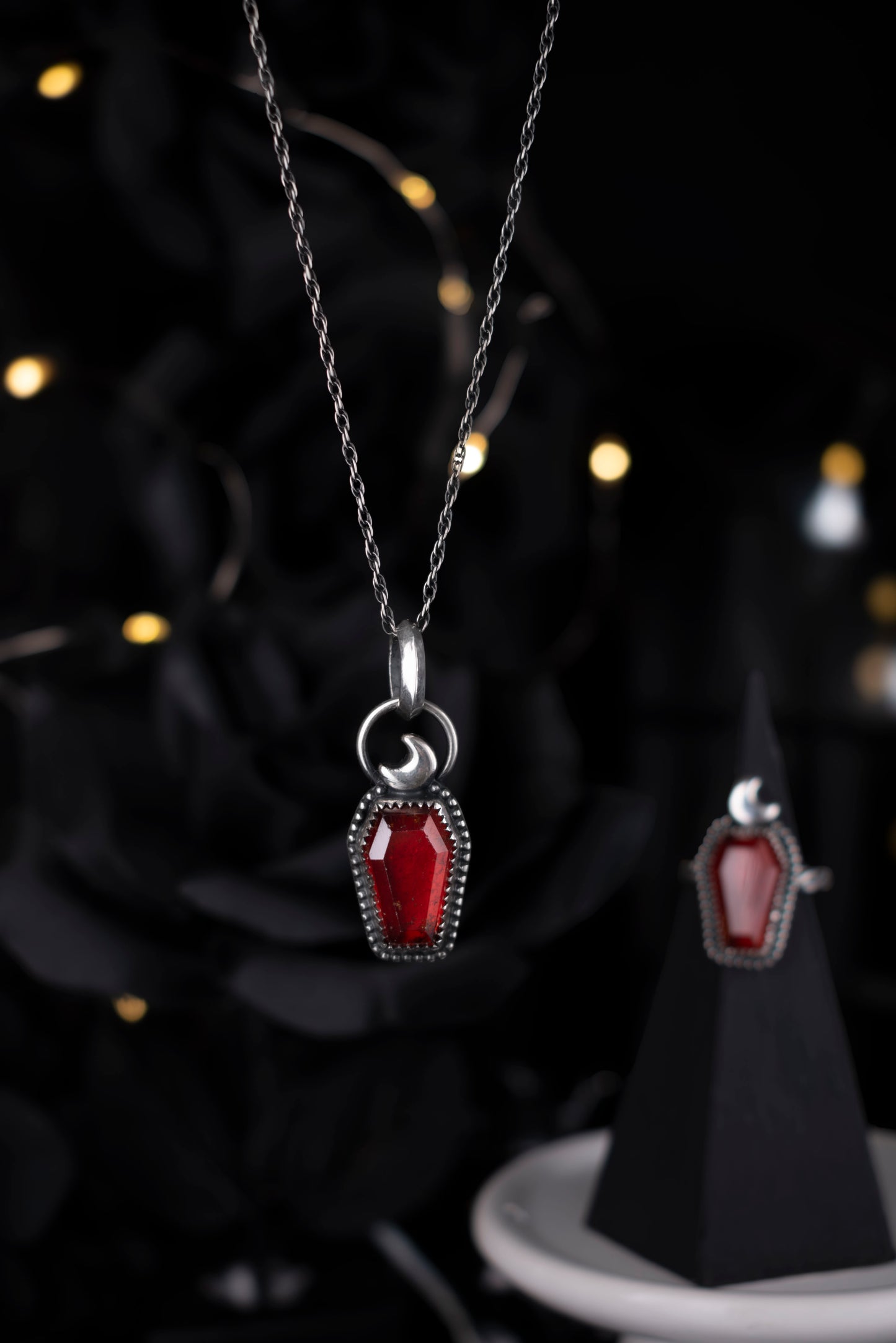 EKRJ1084 Red Hessonite Garnet Coffin Pendant | Handmade Silver Necklace