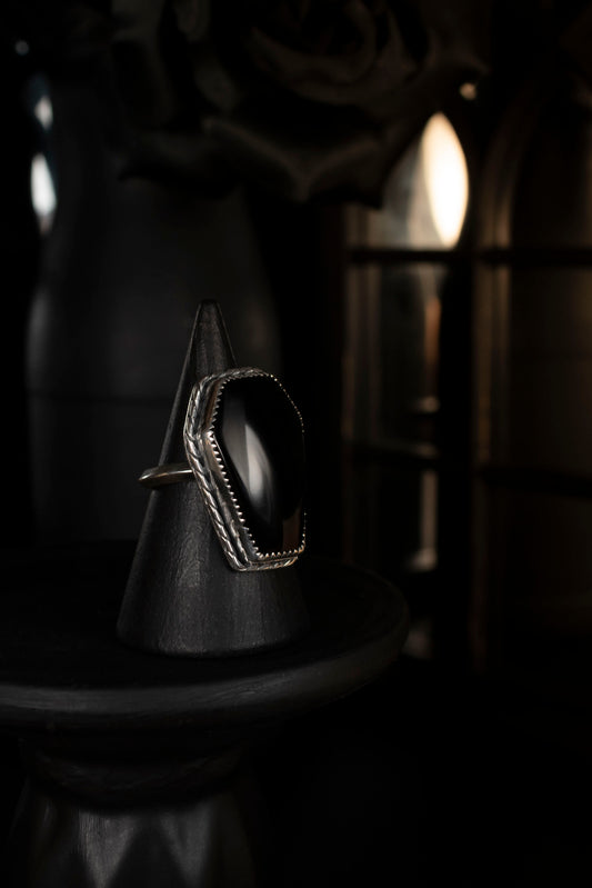 EKRJ900_ Coffin Shape Black Onyx Silver Ring / Size 7
