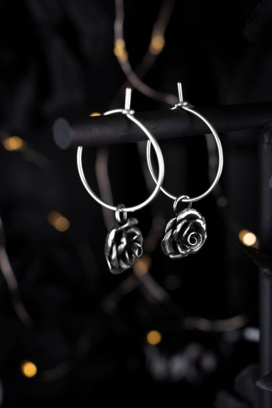 EKRJ925 Small Blooming Rose(11mm) Sterling Silver Hoop Earrings