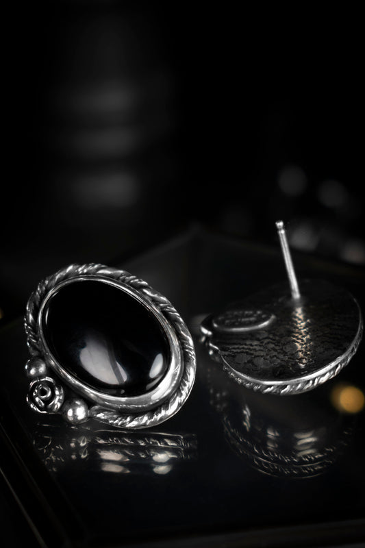 EKRJ958 Black Onyx & Little Rose Silver Earrings