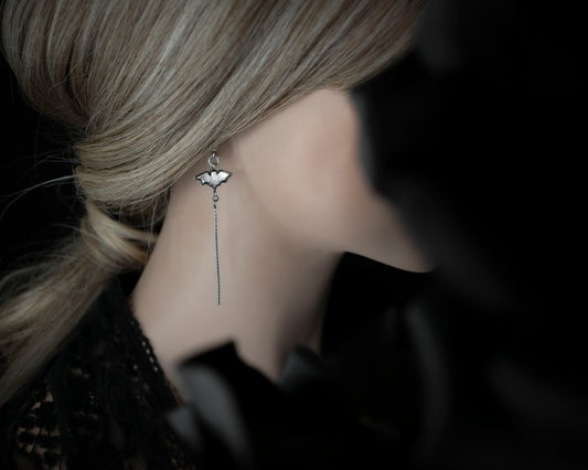 EKRJ716 Tiny Bat Long Drop Silver Earrings