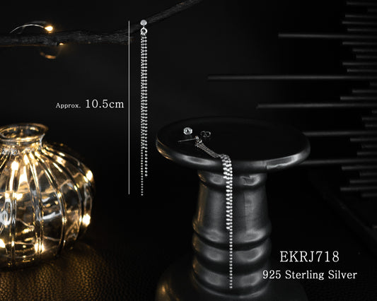 EKRJ718 Three String Long Drop Silver Earrings