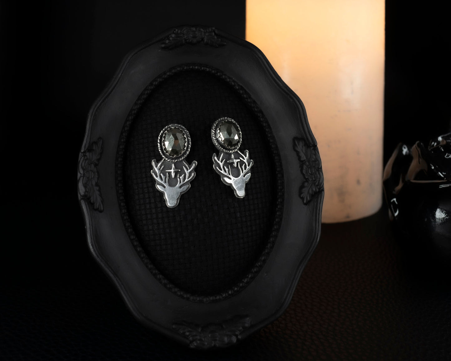 EKRJ737_Mystical Golden Pyrite Deer Silver Earrings