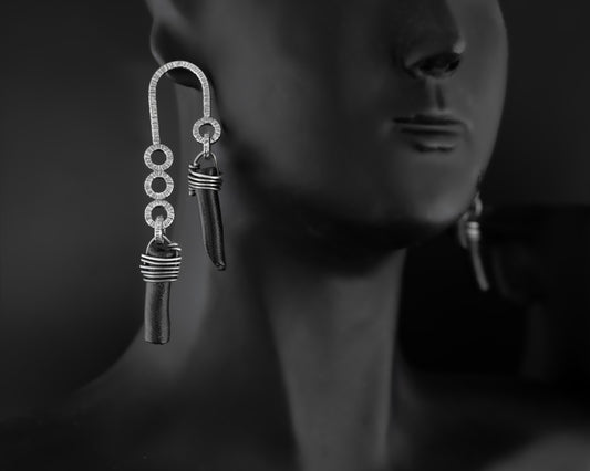 EKRJ395_Black Coral Stick Beads One-of-a kind Handmade Silver earrings