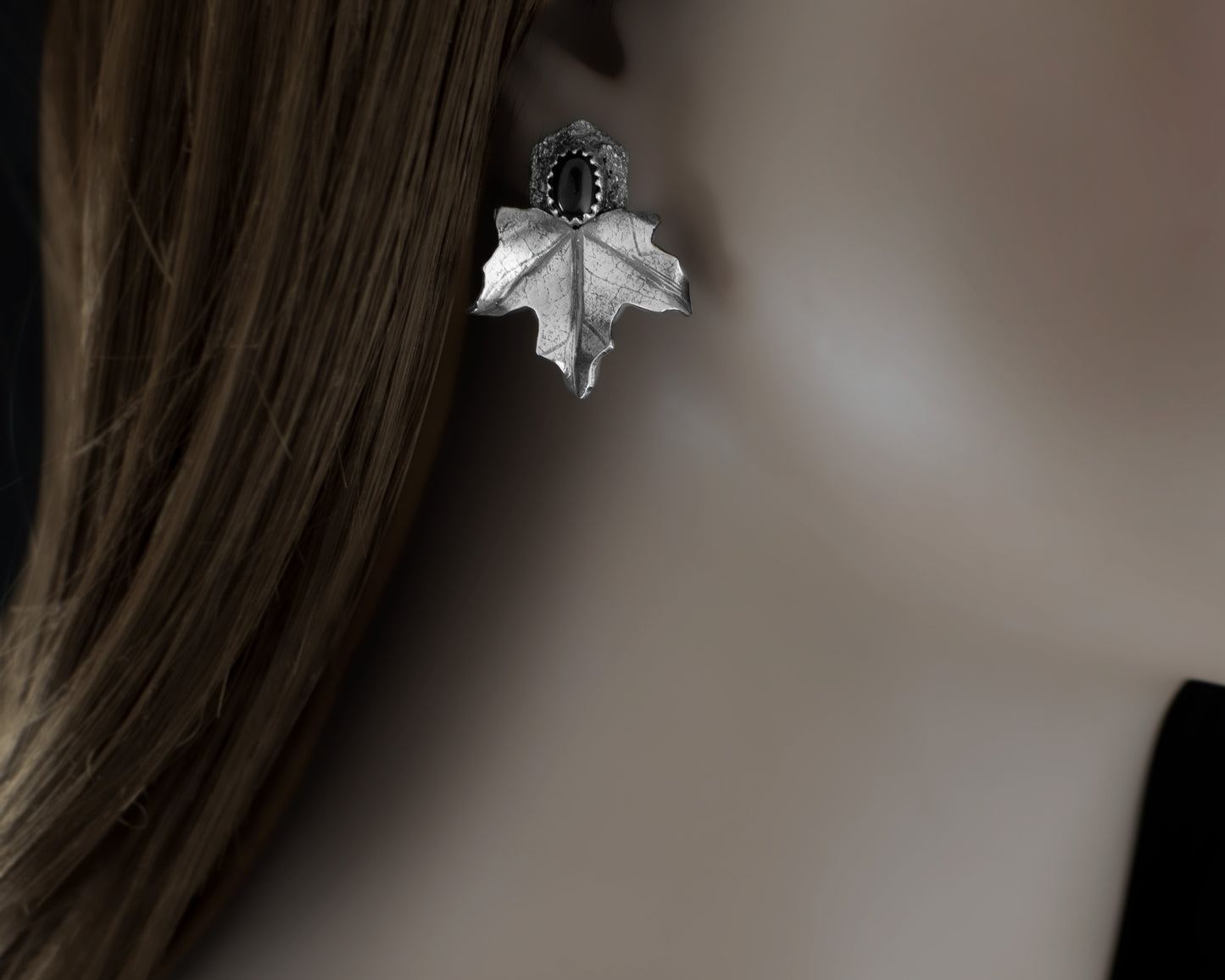 EKRJ435 Maple Leaves Black Onyx One-Of-A-Kind Silver Earrings
