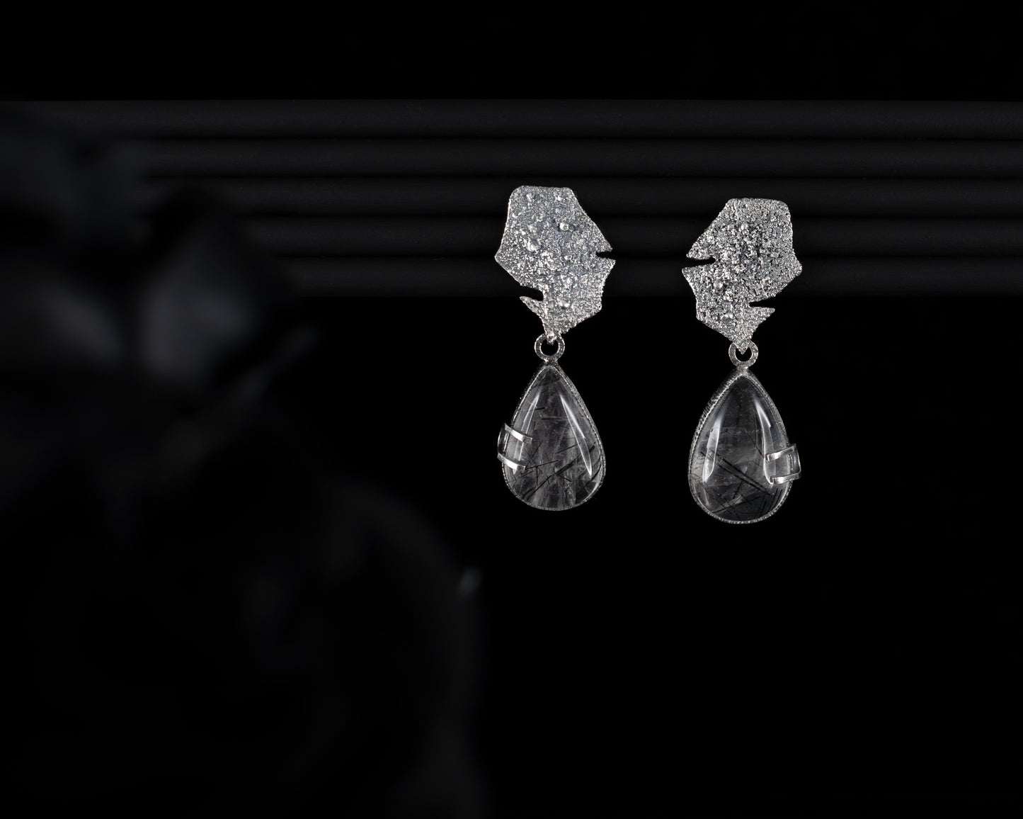 EKRJ477 Black Rutile Quartz One-of-a-kind Handmade Earrings