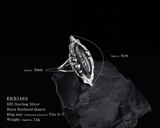 EKRJ483_Size 7_ Navette Shape Black Rutilated Quartz Silver Ring