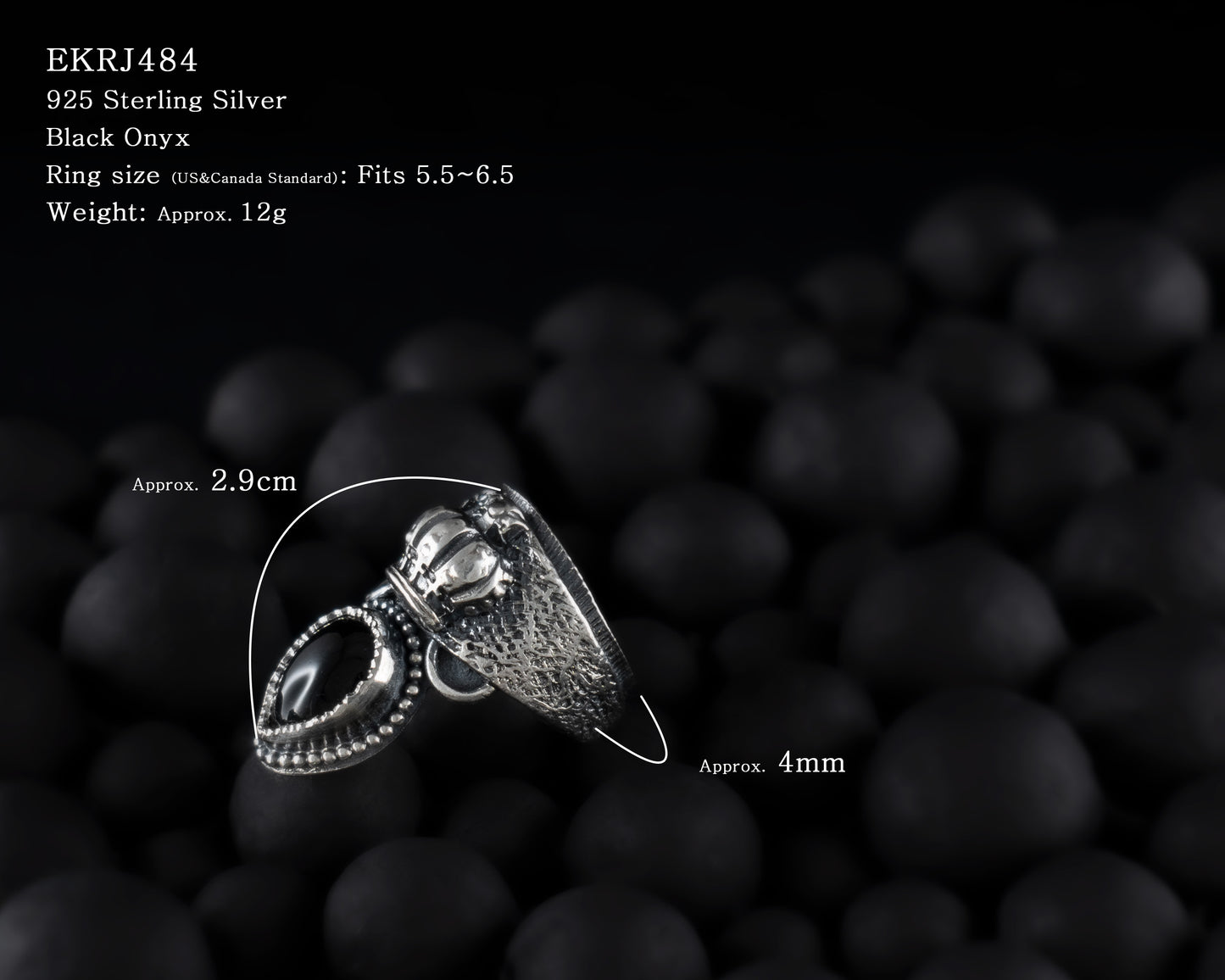 EKRJ484_ Size6 Crown Fabric Texture Black Onyx Unique Handmade Silver Ring