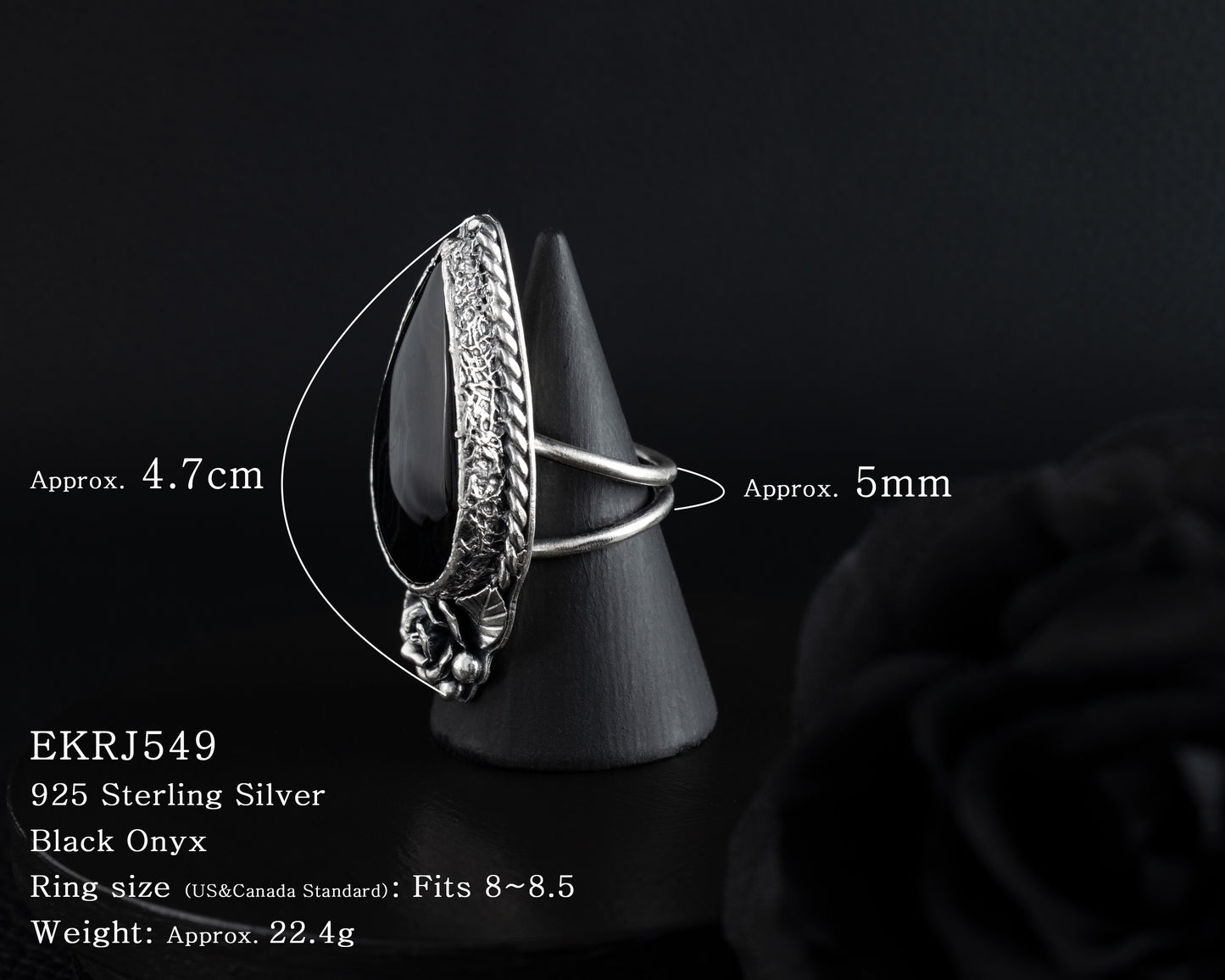 EKRJ549 Fits 8~8.5 Black Onyx Rose Bold One-of-a-kind Ring