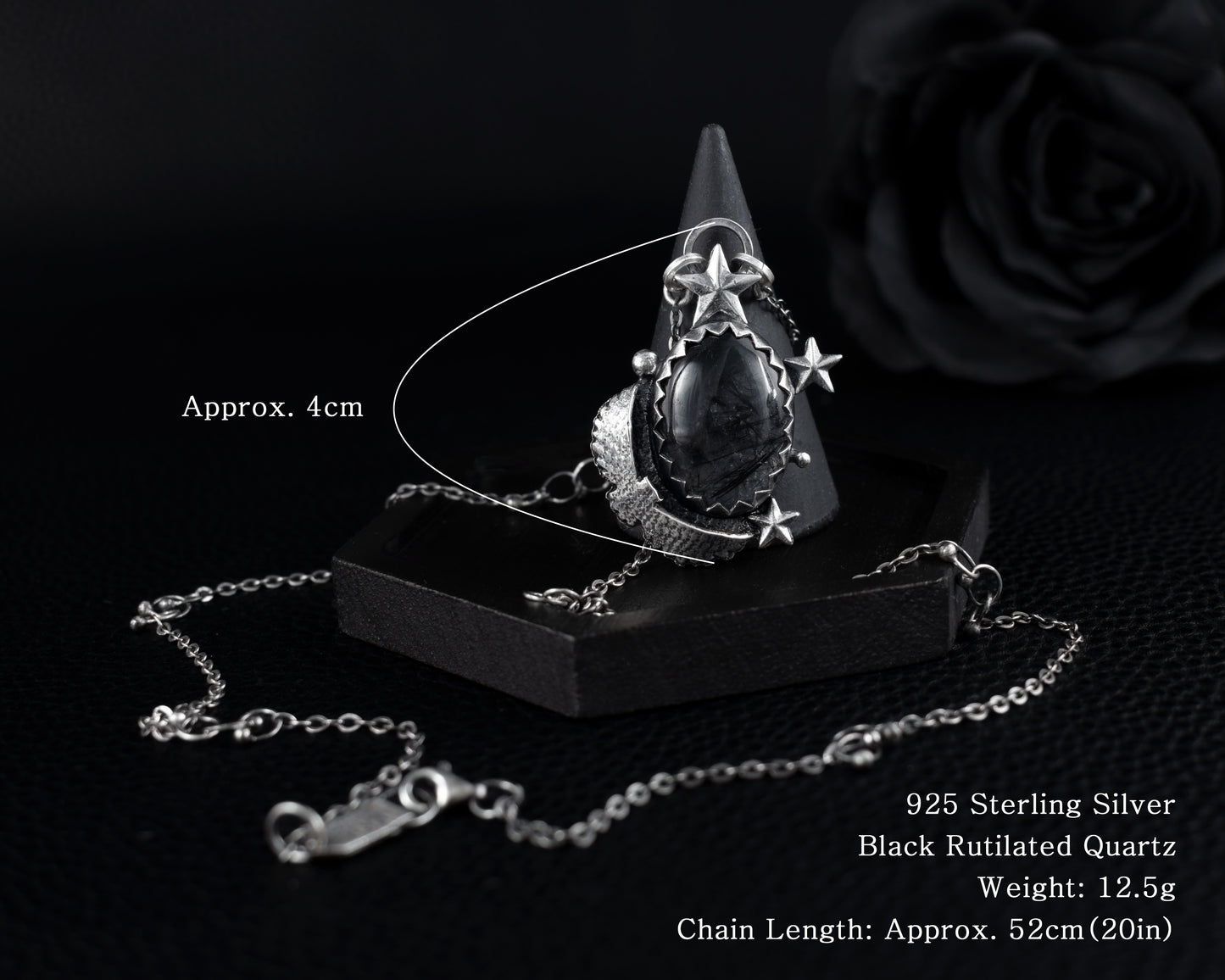 EKRJ562 Black Rutilated Quartz, Night Owl, Star, One-of-a kind Silver Necklace