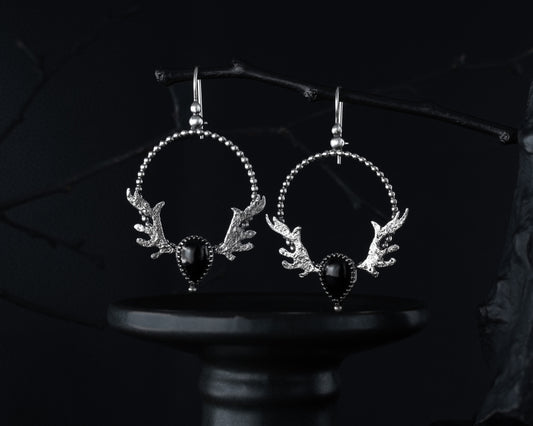 EKRJ568_Antlers Black Onyx Silver Unique Earrings