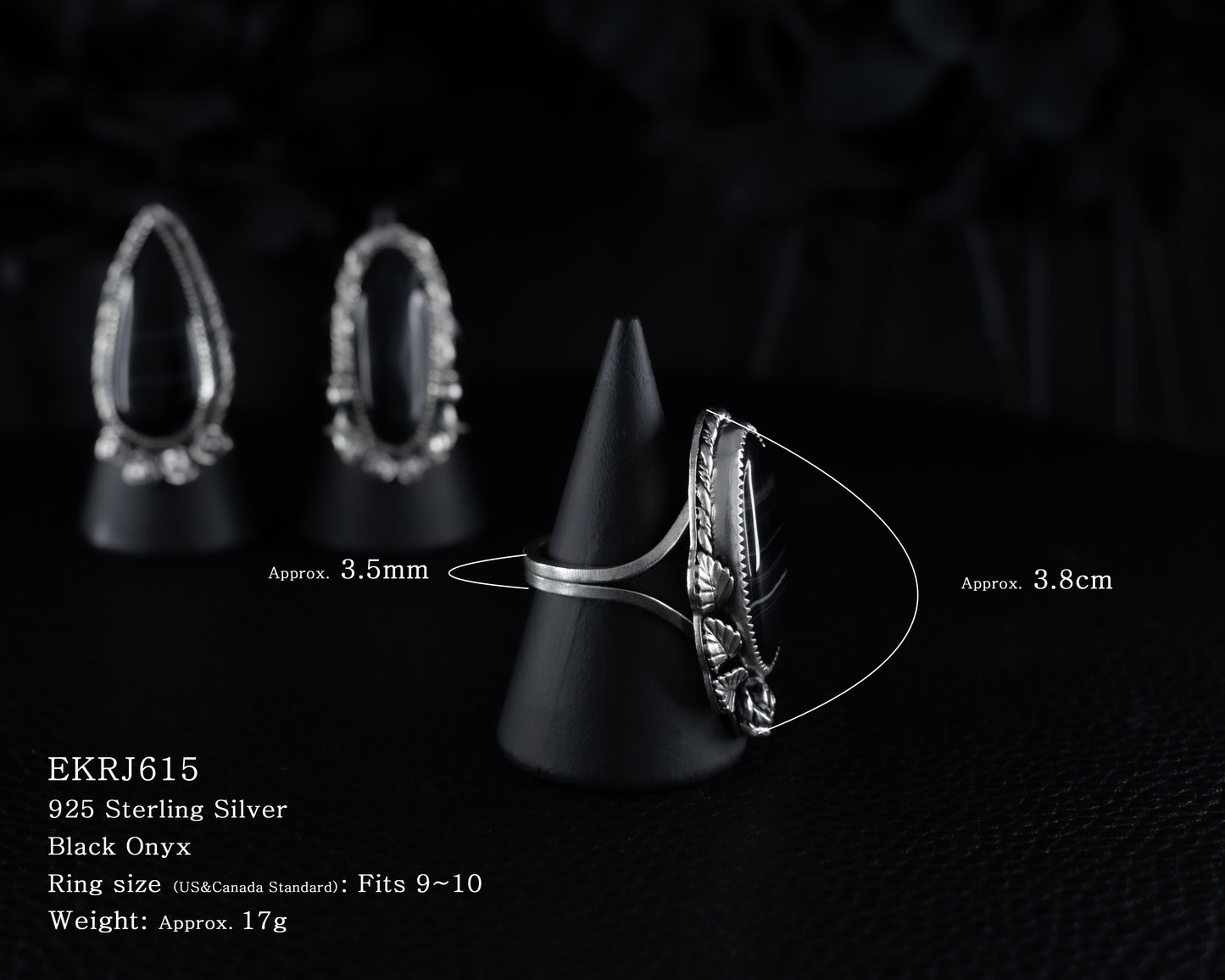 EKRJ615_Fits 9~10_Black Onyx Rose and Leaves Silver Ring