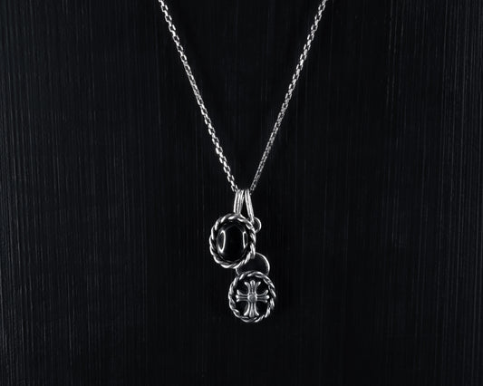 EKRJ475_Cross and Black Onyx Twist Wire Double Pendant Silver Necklace