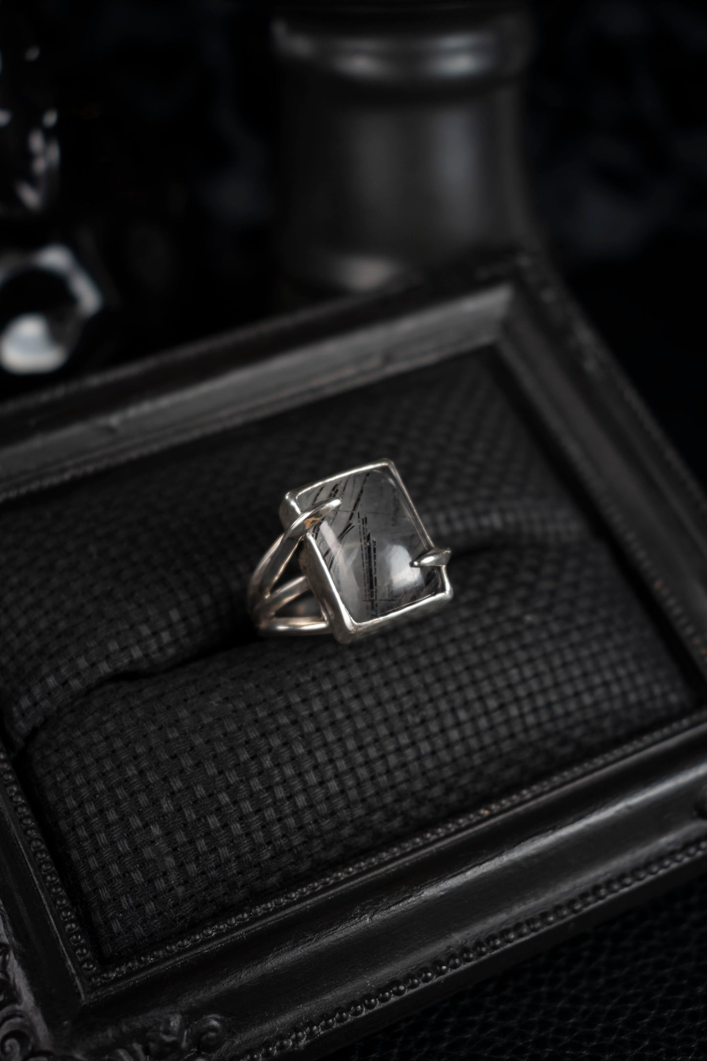 EKRJ1040 Black Rutile Quartz Handmade Silver Ring – Modern Rectangular Statement