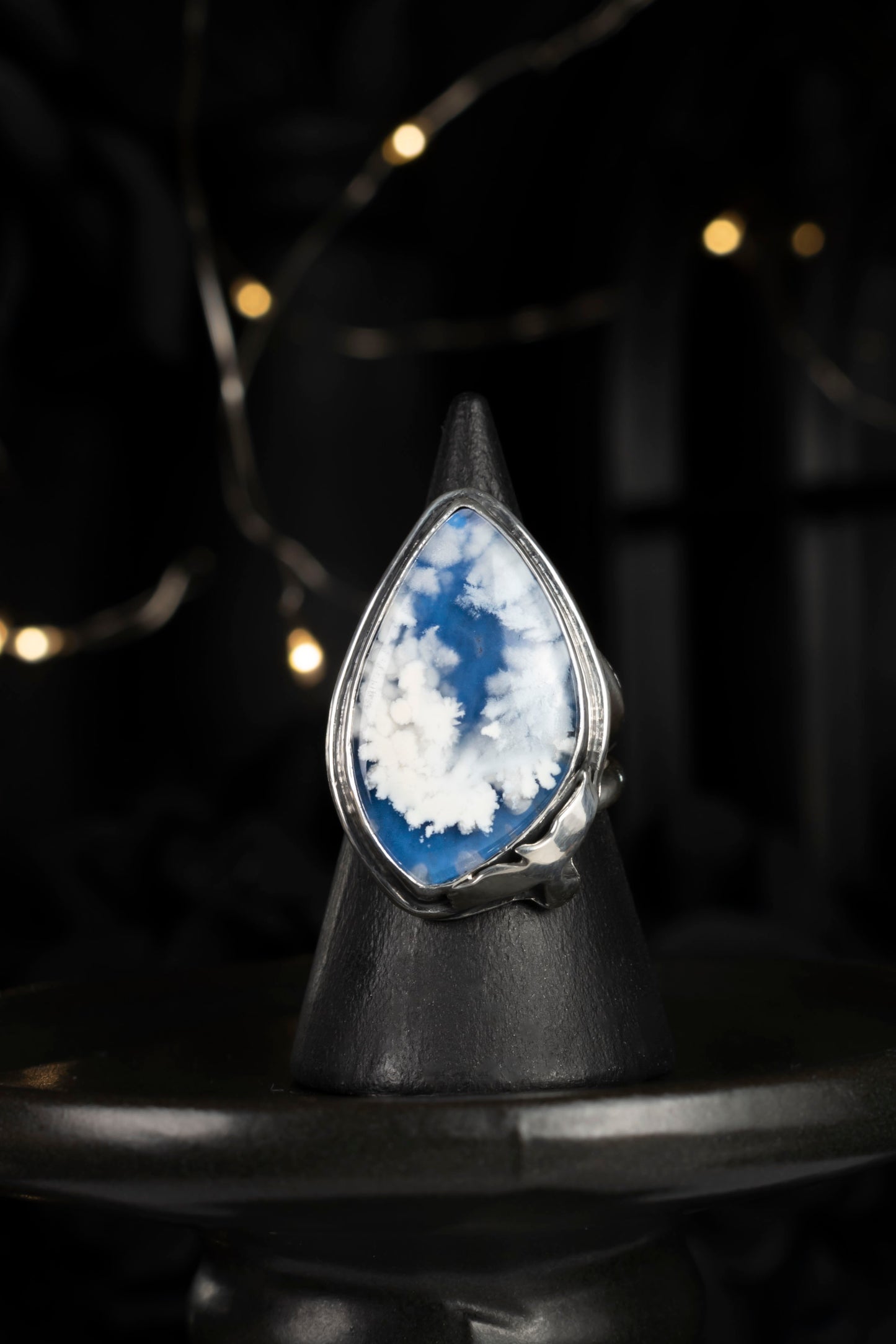 EKRJ1056 Heavenly Blue Sky Plume Agate One-of-a-kind Statement Silver Ring Size 8