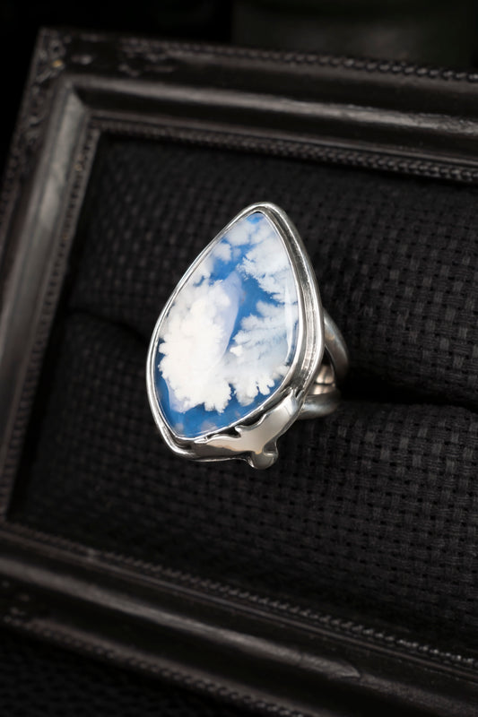 EKRJ1056 Heavenly Blue Sky Plume Agate One-of-a-kind Statement Silver Ring Size 8