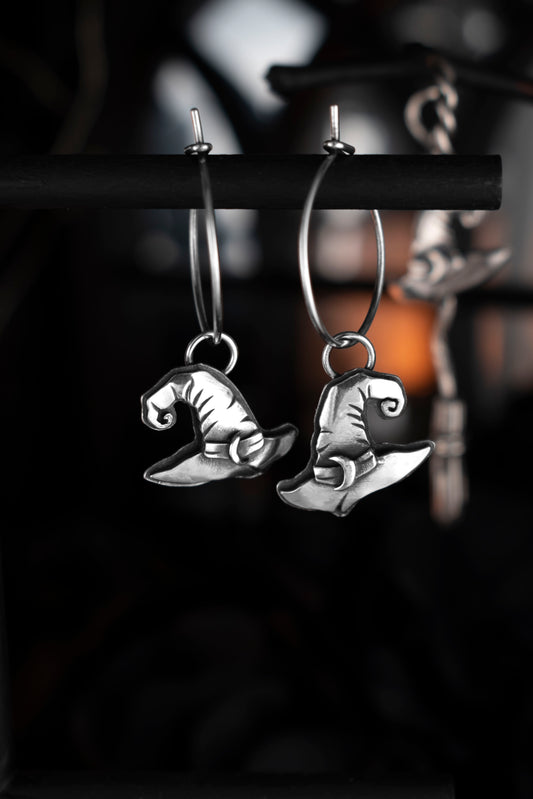 EKRJ1071 Witch Hat Silver Earrings Artisan Handmade Jewelry Gift for Halloween or Witch Lovers