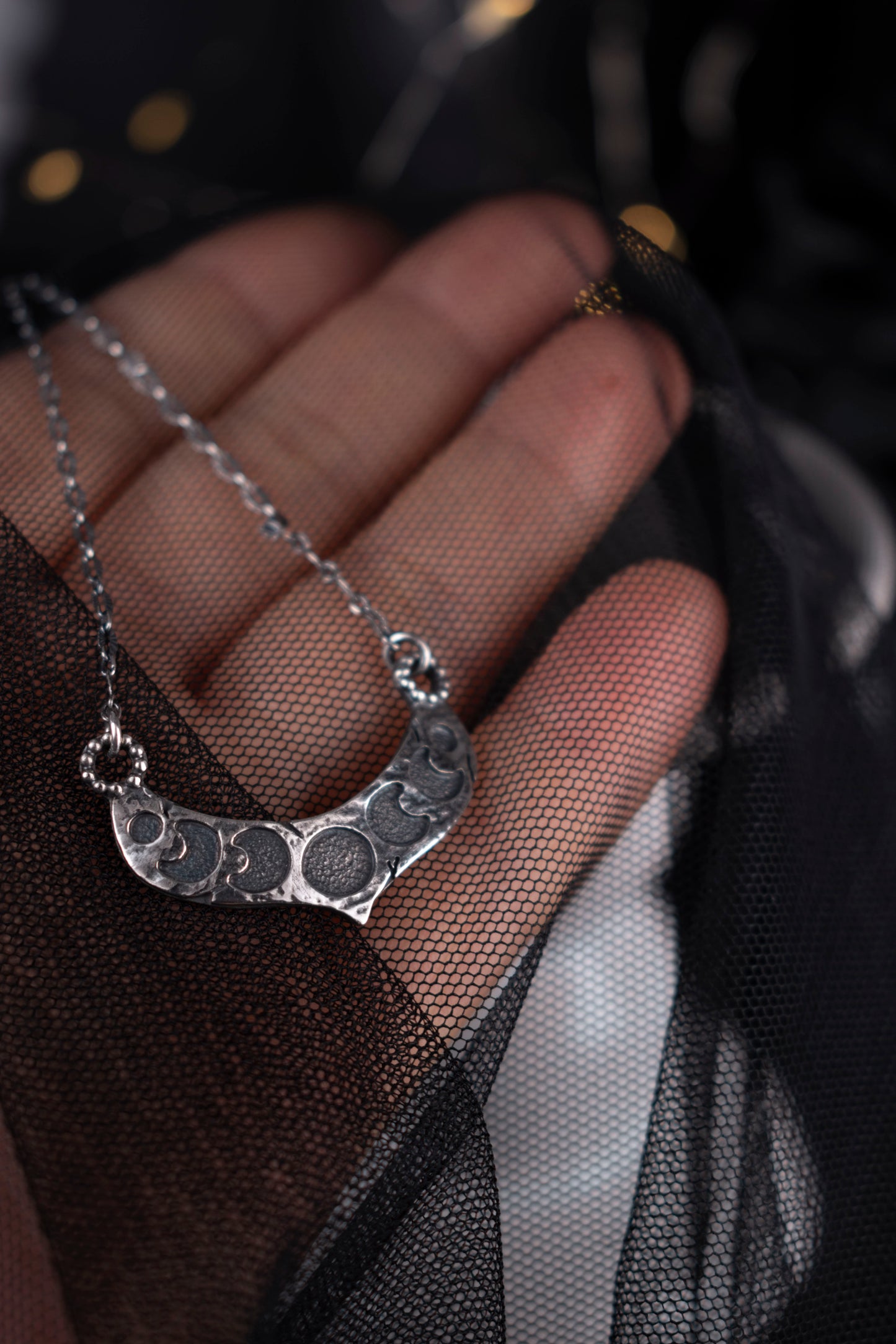 EKRJ1074  Handmade Sterling Silver Moon Phases Necklace | Textured Crescent Pendant | Unique Silversmith Jewelry