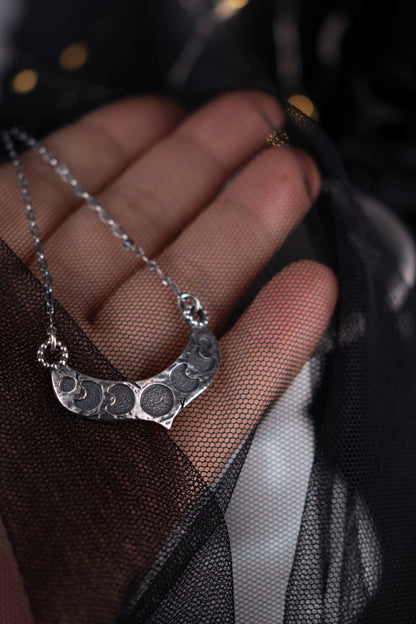 EKRJ1074  Handmade Sterling Silver Moon Phases Necklace | Textured Crescent Pendant | Unique Silversmith Jewelry