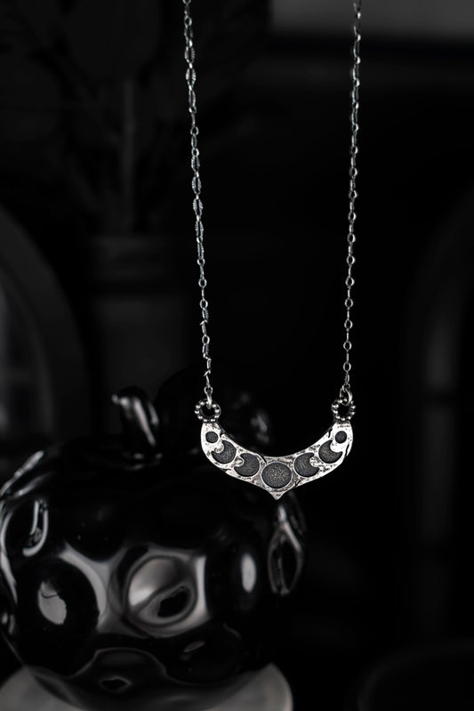 EKRJ1074  Handmade Sterling Silver Moon Phases Necklace | Textured Crescent Pendant | Unique Silversmith Jewelry