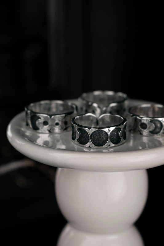 EKRJ1076 Handmade Sterling Silver Moon Phases Adjustable Ring | Textured Silver Band | Unique Silversmith Jewelry