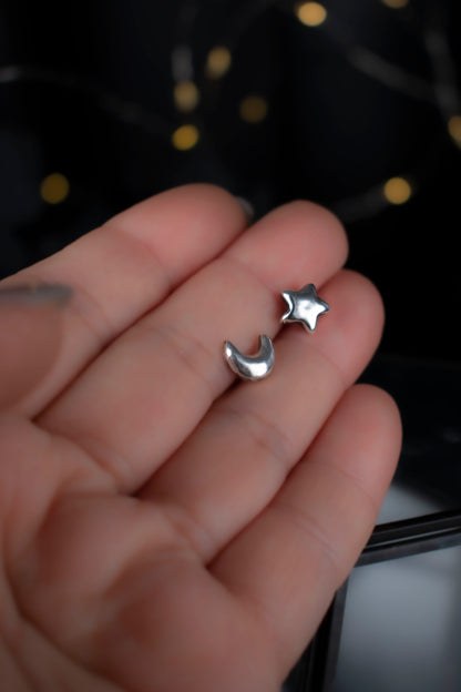 EKRJ1109 Handmade Star and Crescent Moon Sterling Silver Stud Earrings
